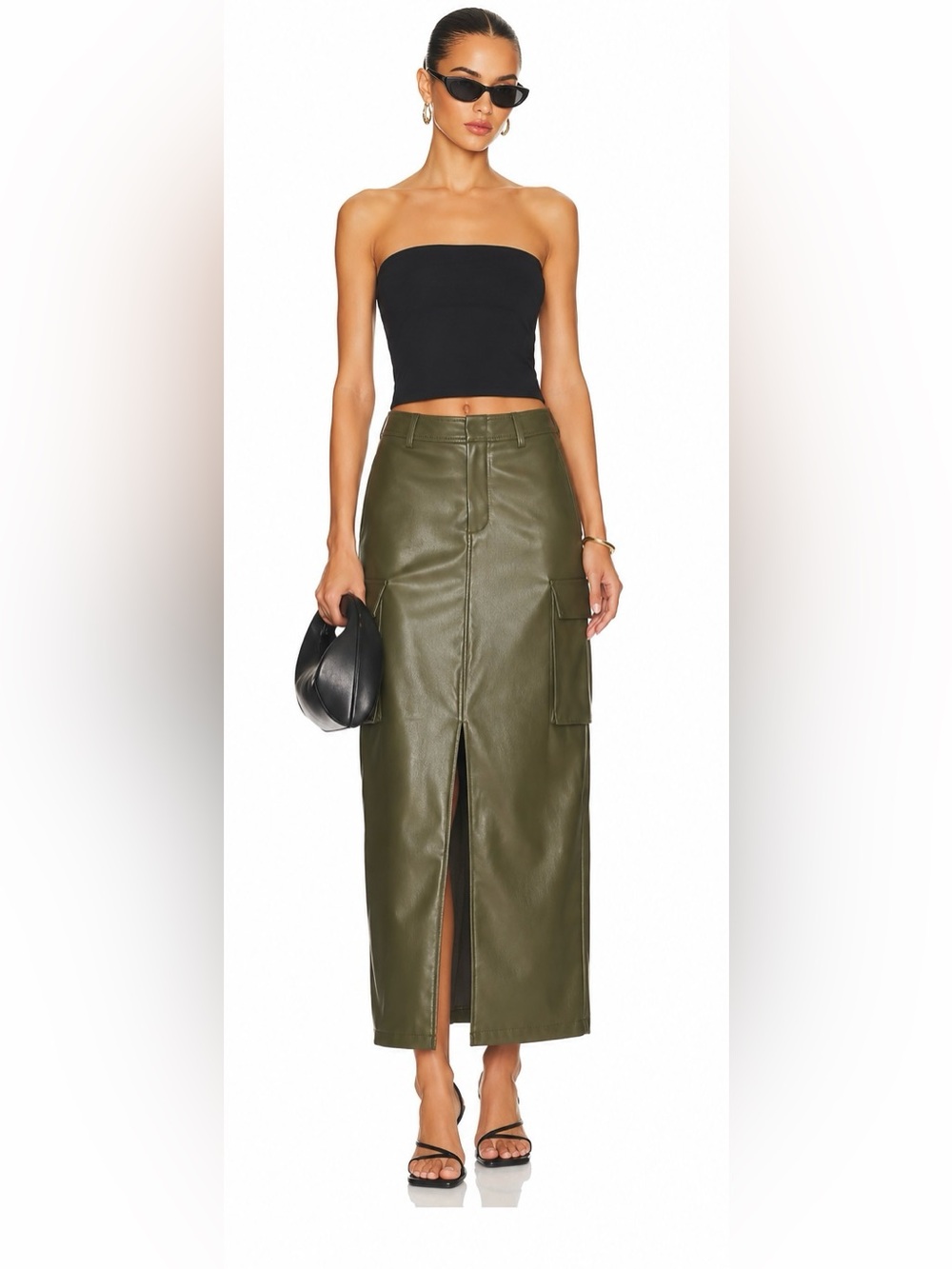 Zara Faux Leather Cargo Midi Skirt – Olive Green – Size XL